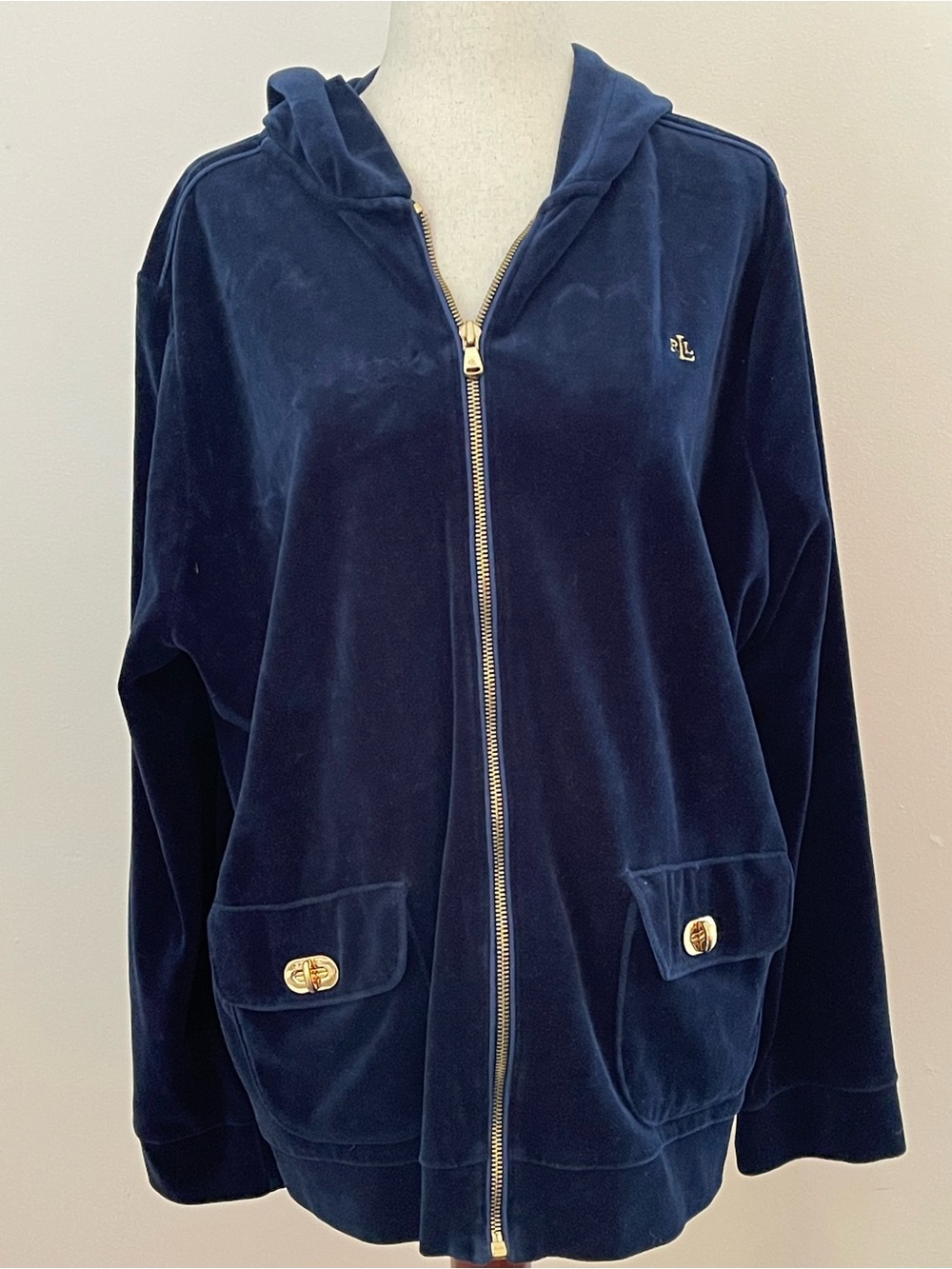 Lauren Ralph Lauren Navy Velour Gold Hardware Full Zip Hoodie Jacket 2X